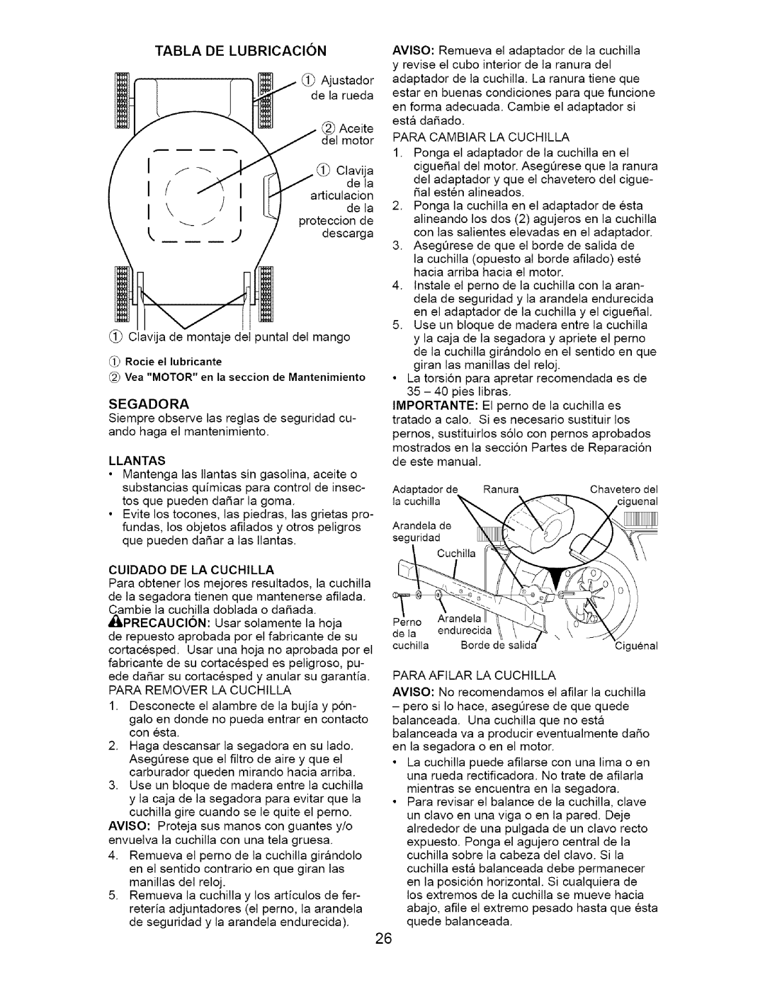 Craftsman 917.37134 owner manual Tabla DE Lubricacion, Segadora 