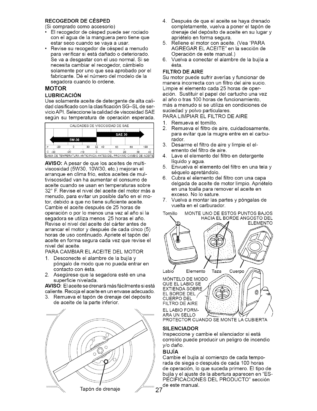 Craftsman 917.37134 owner manual Recogedordecosped, Para Cambiar EL Aceite DEL Motor, Filtro DE Aire 