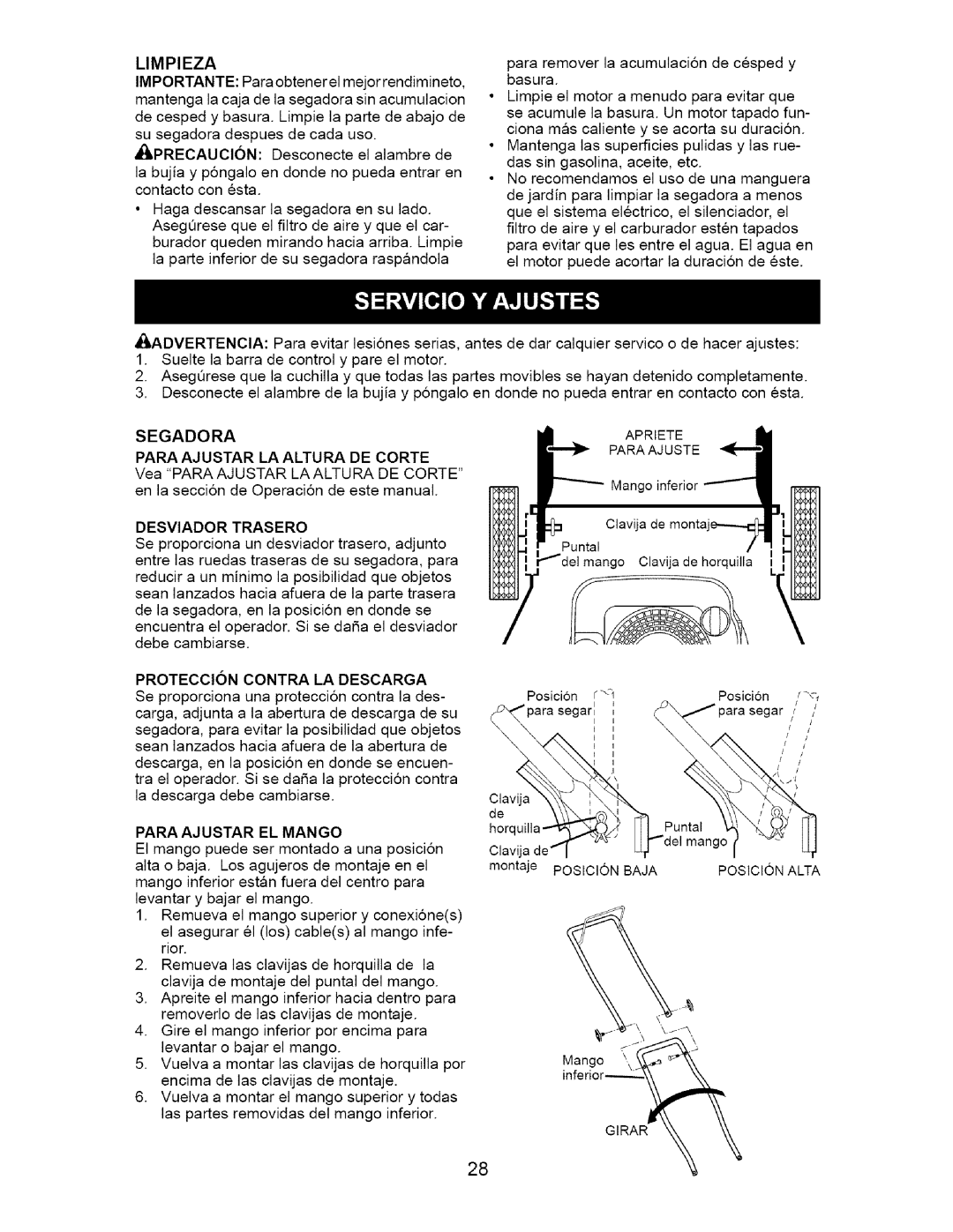 Craftsman 917.37134 owner manual Limpieza, Segadora, Para Ajustar LA Altura DE Corte, Para Ajustar EL Mango 