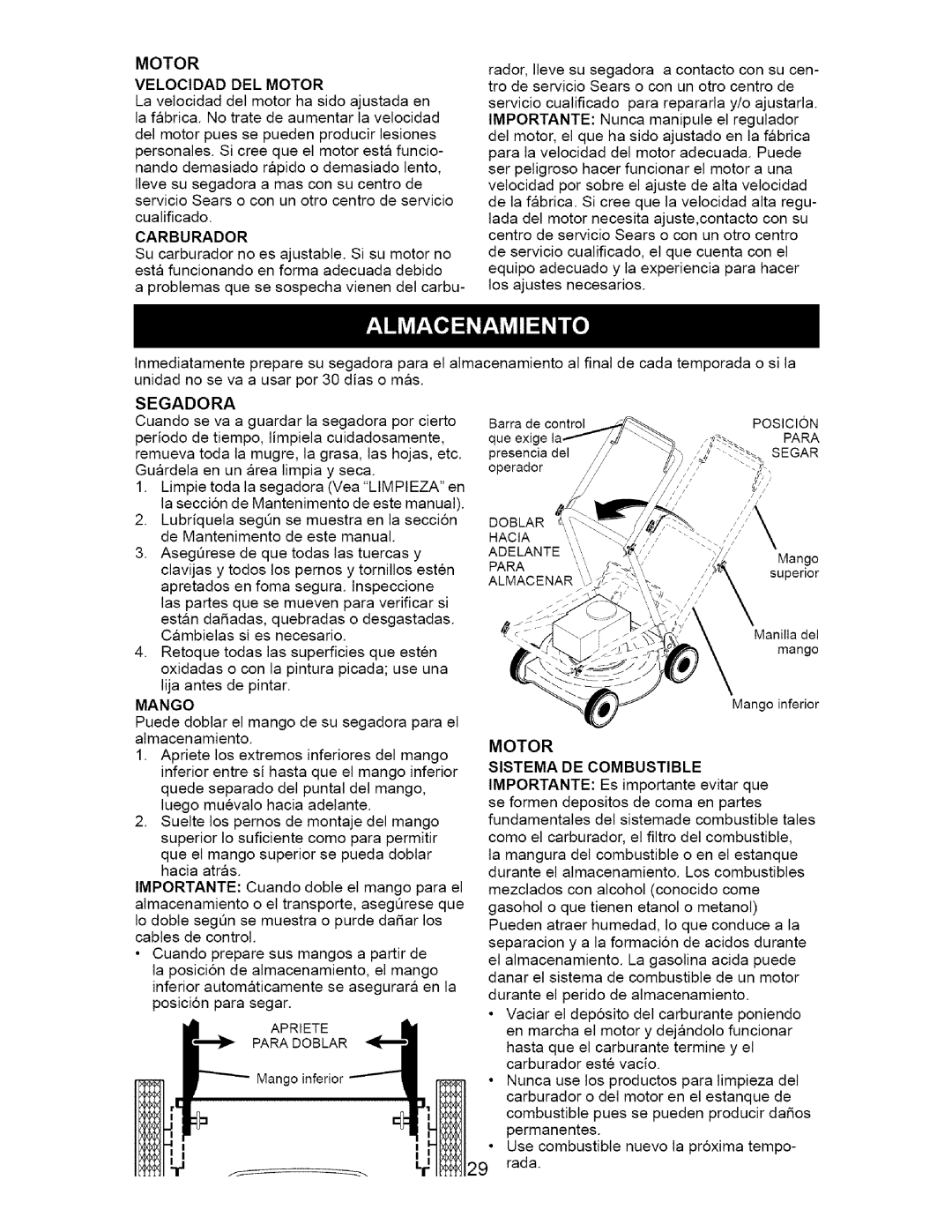 Craftsman 917.37134 owner manual Mango, Motor Sistema DE Combustible, Importante Es importante evitar que 