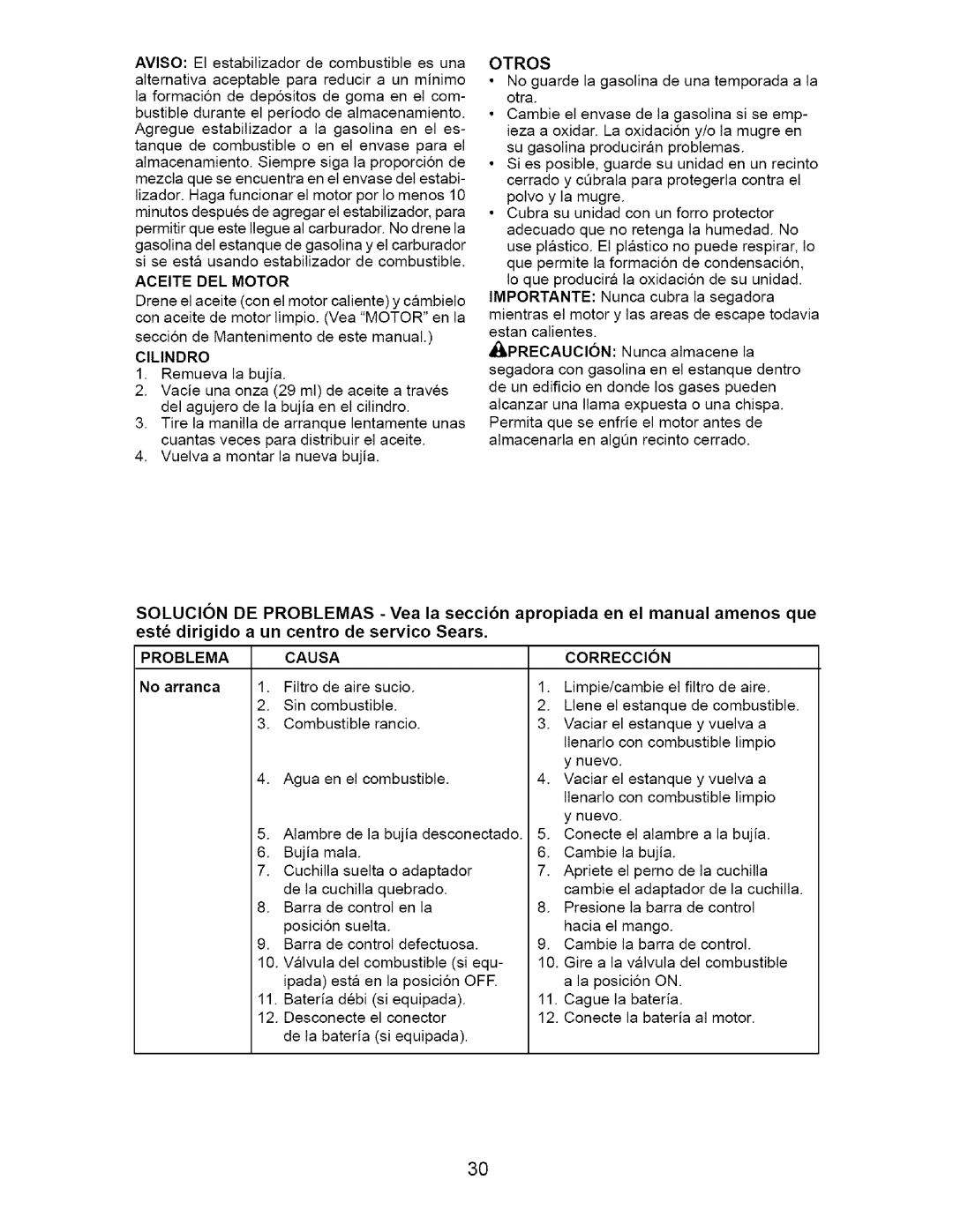 Craftsman 917.37134 owner manual Aceitedelmotor, Problema Causa Correccion, No arranca 