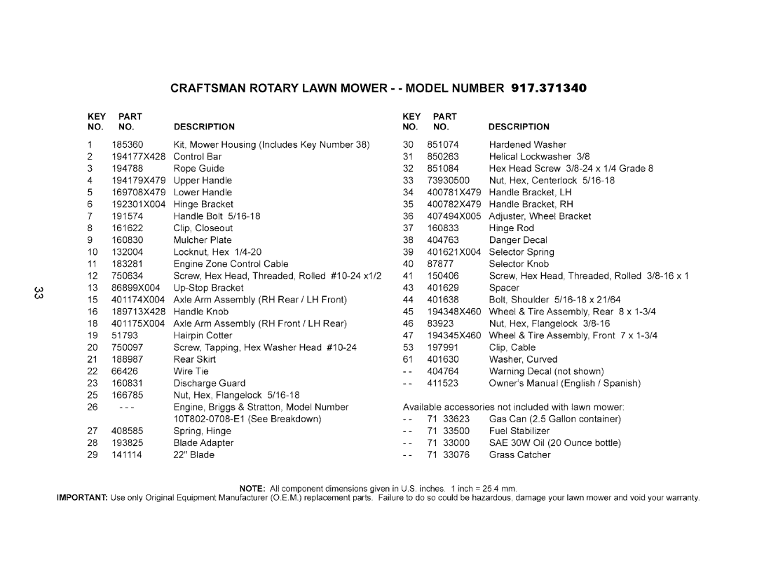 Craftsman owner manual Craftsman Rotary Lawn Mower - Model Number, 917.371340 