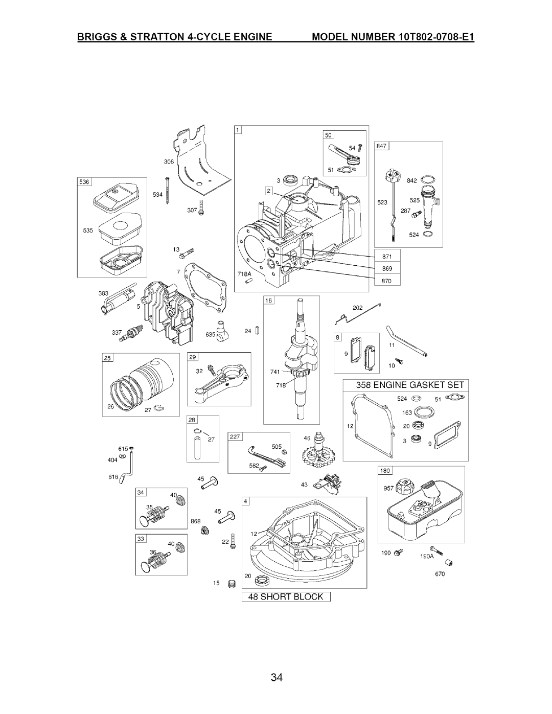 Craftsman 917.37134 owner manual Briggs & Stratton 4-CYCLE Engine, Model Number 10T802-0708-E1, Short Block 