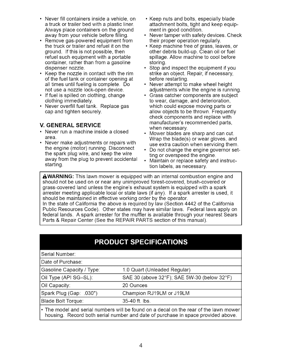 Craftsman 917.37134 owner manual General Service, Api Sg-Sl, RJ19LM 