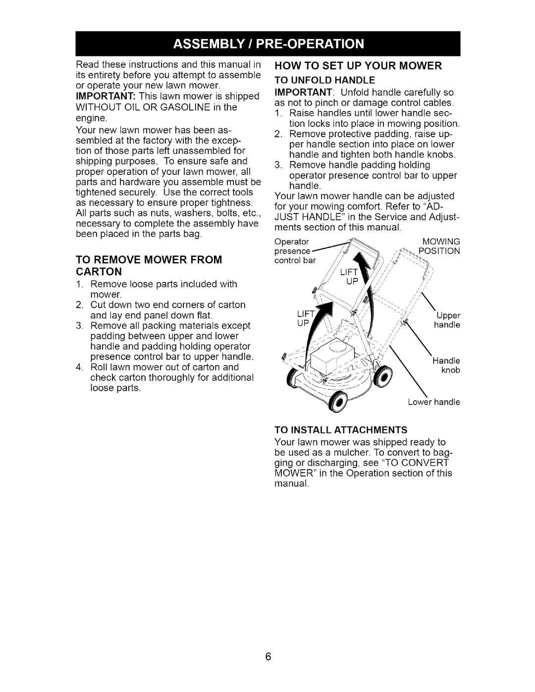 Craftsman 917.37134 owner manual Carton, To Unfold Handle, To Install Attachments 