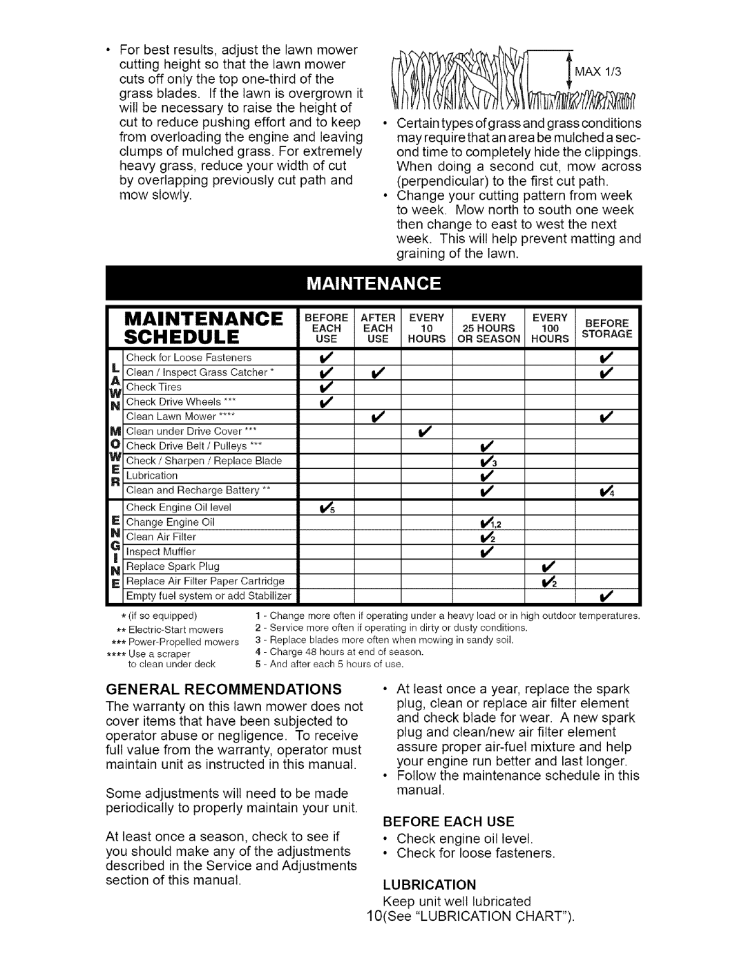 Craftsman 917.37134 owner manual Maintenance, Schedule, Use Hoursorseaso.Hoursstorage, General Recommendations 