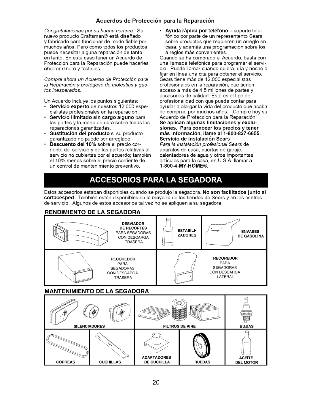 Craftsman 917.37134 owner manual Acuerdos de Protecci6n para la Reparaci6n, My-Home, Rendimiento De La Segadora 