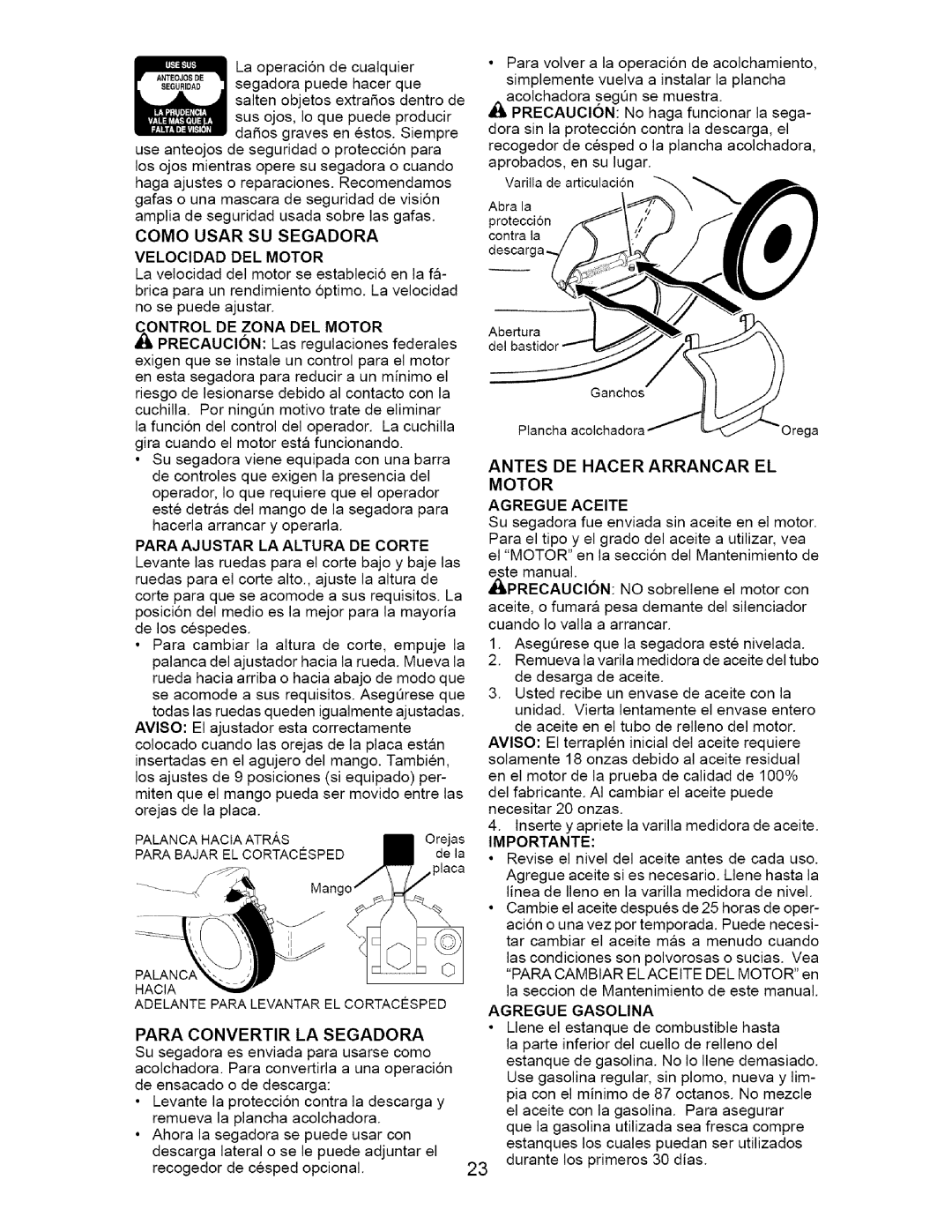 Craftsman 917.37134 owner manual Como Usar Su Segadora Velocidad Del Motor, Motor Agregue Aceite 