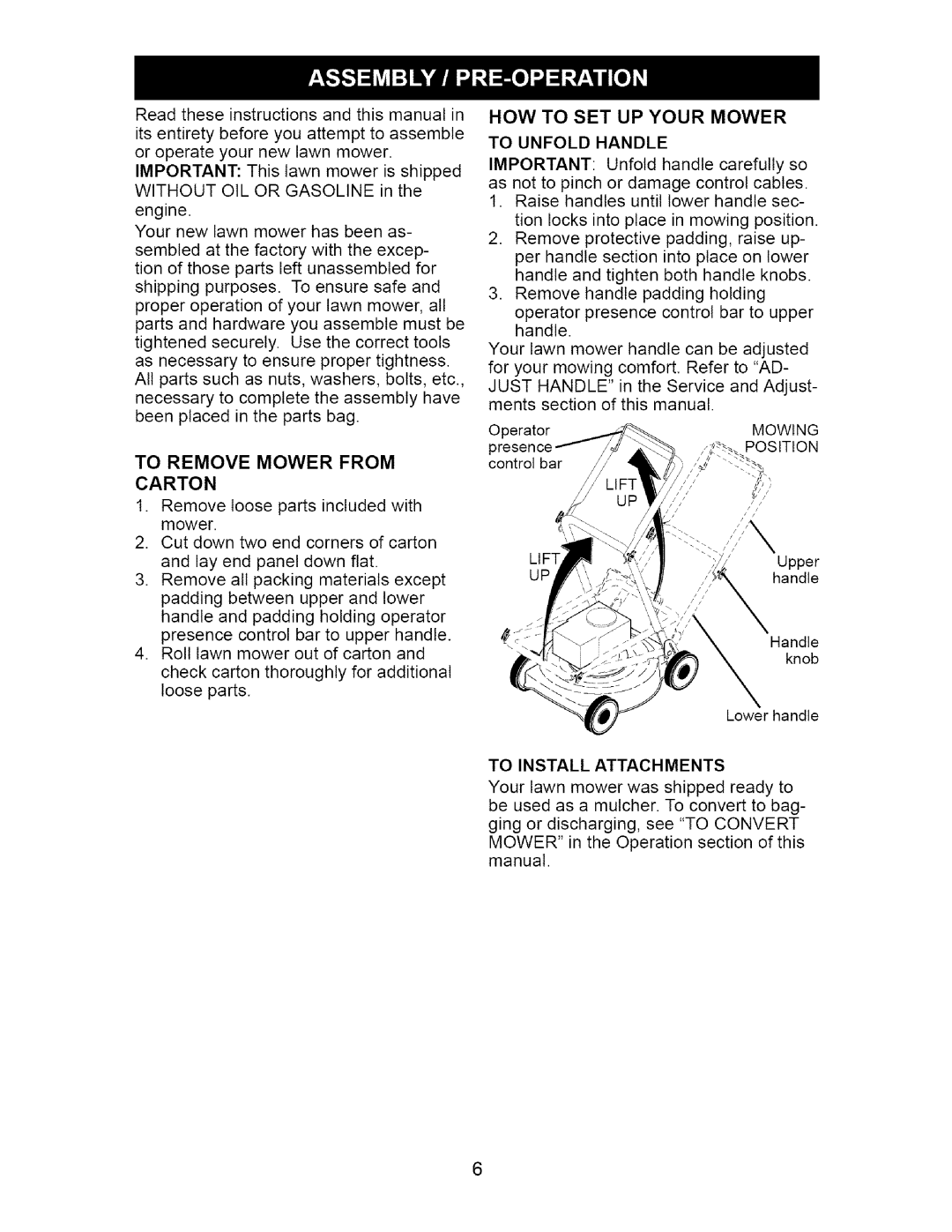 Craftsman 917.37134 owner manual How To Set Up Your Mower, Carton, To Unfold Handle, To Install Attachments 