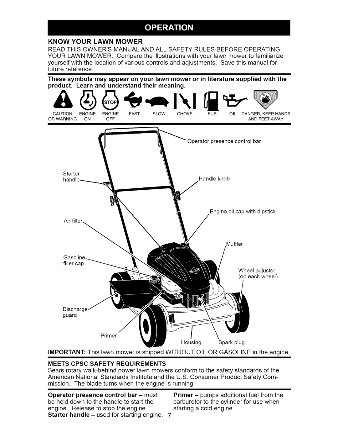 Craftsman 917.37134 Know Your Lawn Mower, product. Learn and understand their meaning, Meets Cpsc Safety Requirements 