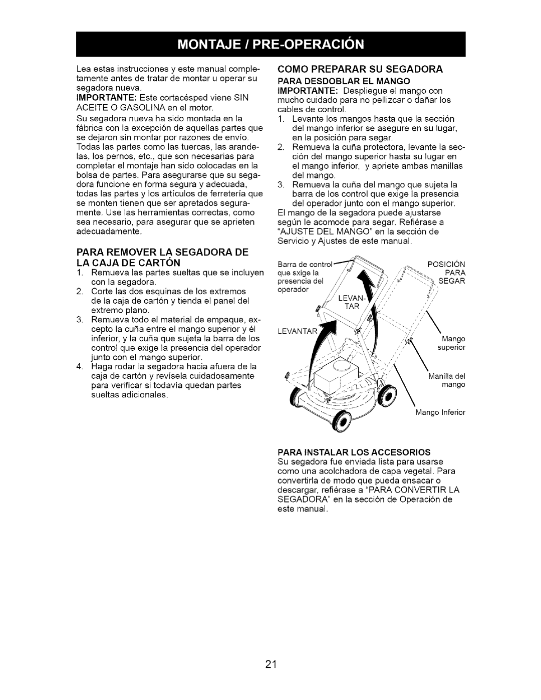 Craftsman 917.371341 Para Remover LA Segadora DE LA Caja DE Carton, Como Preparar SU Segadora Para Desdoblar EL Mango 