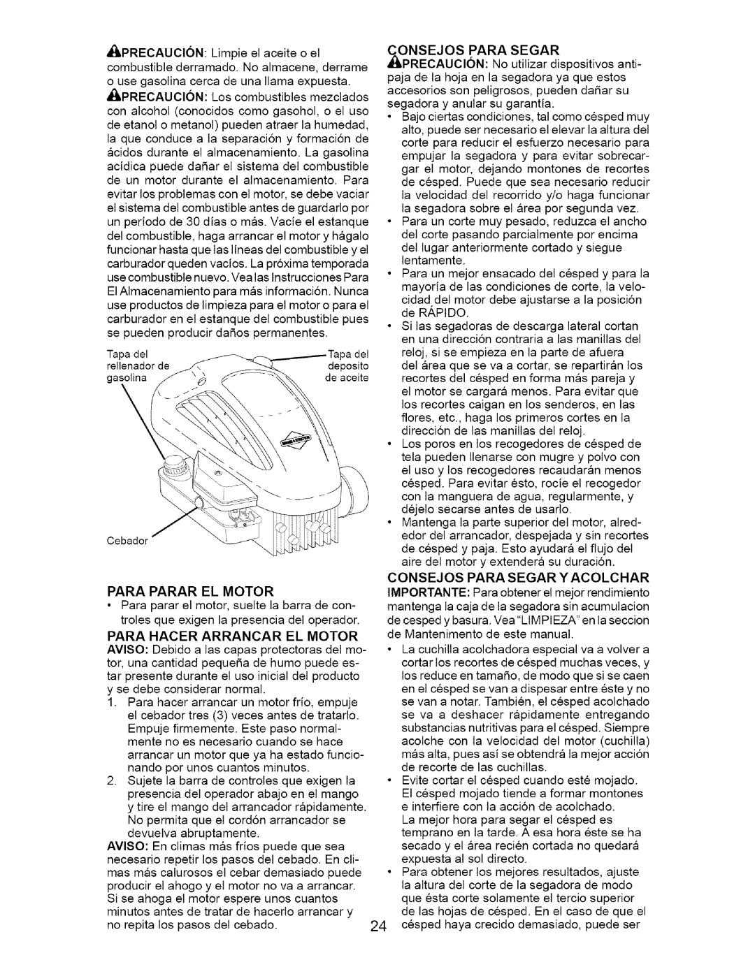 Craftsman 917.371341 manual Consejos Para Segar, Para Parar EL Motor, Para Hacer Arrancar EL Motor 