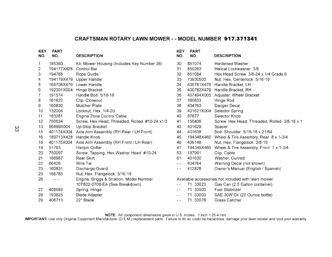 Craftsman 917.371341 manual Craftsman Rotary Lawn Mower - Model Number 