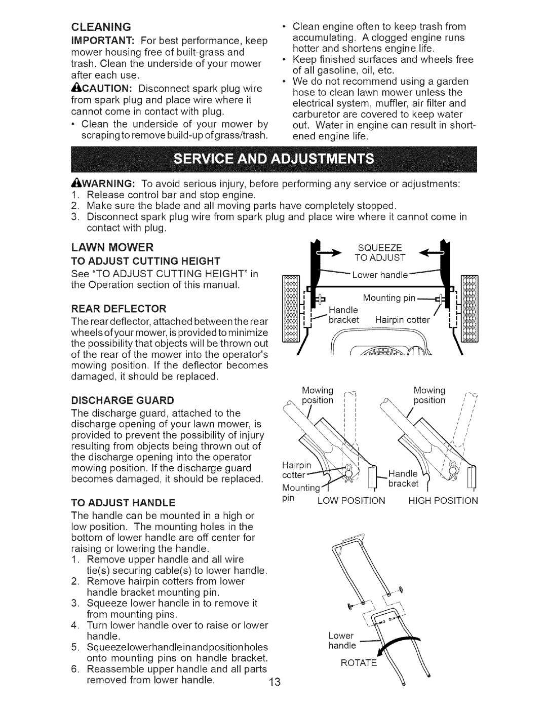 Craftsman 917.371342 owner manual Awarning, Squeeze To Adjust Rear Deflector, Discharge Guard, To Adjust Handle, Rotate 