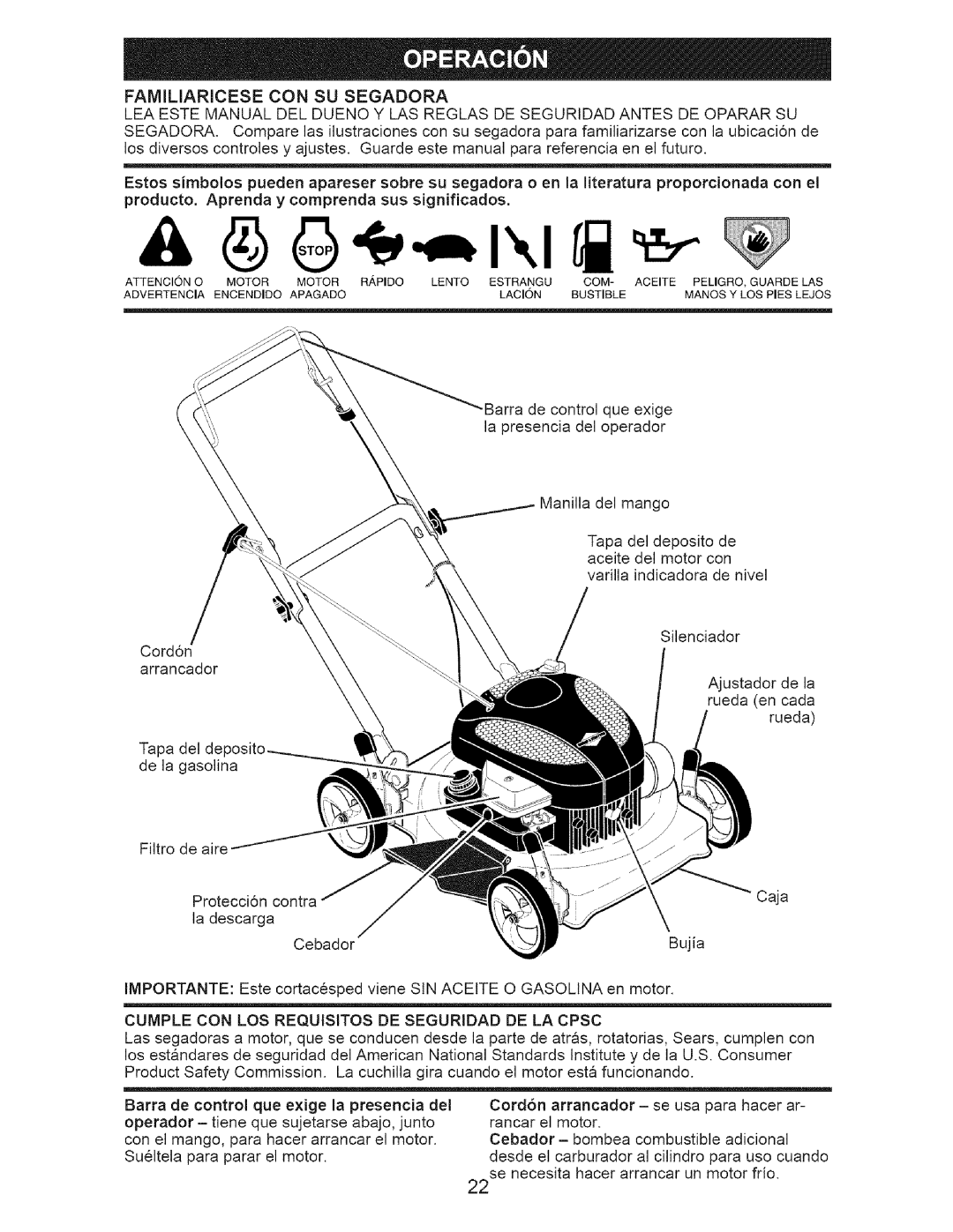 Craftsman 917.371342 owner manual Familiaricese CON SU Segadora 