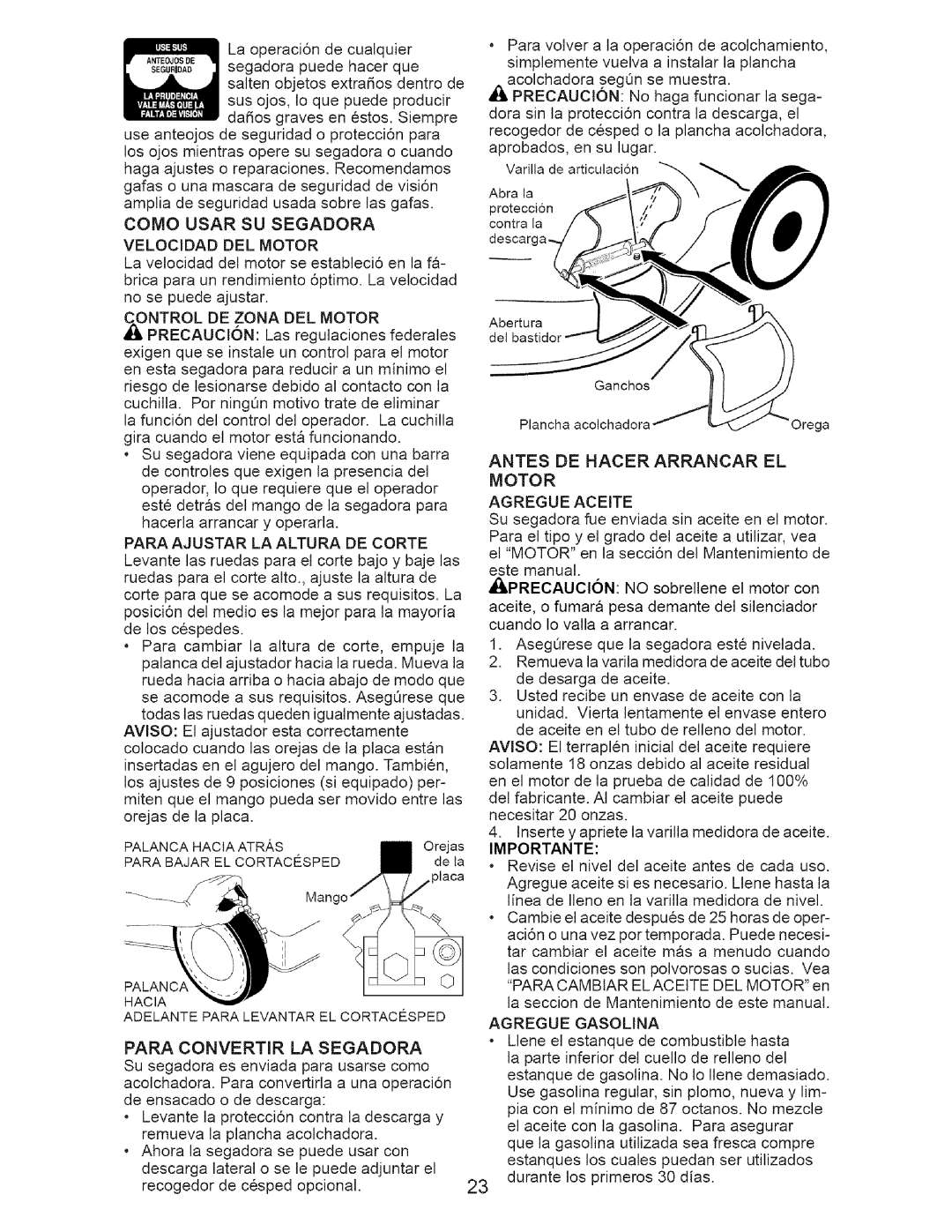 Craftsman 917.371342 owner manual Velocidad DEL Motor 