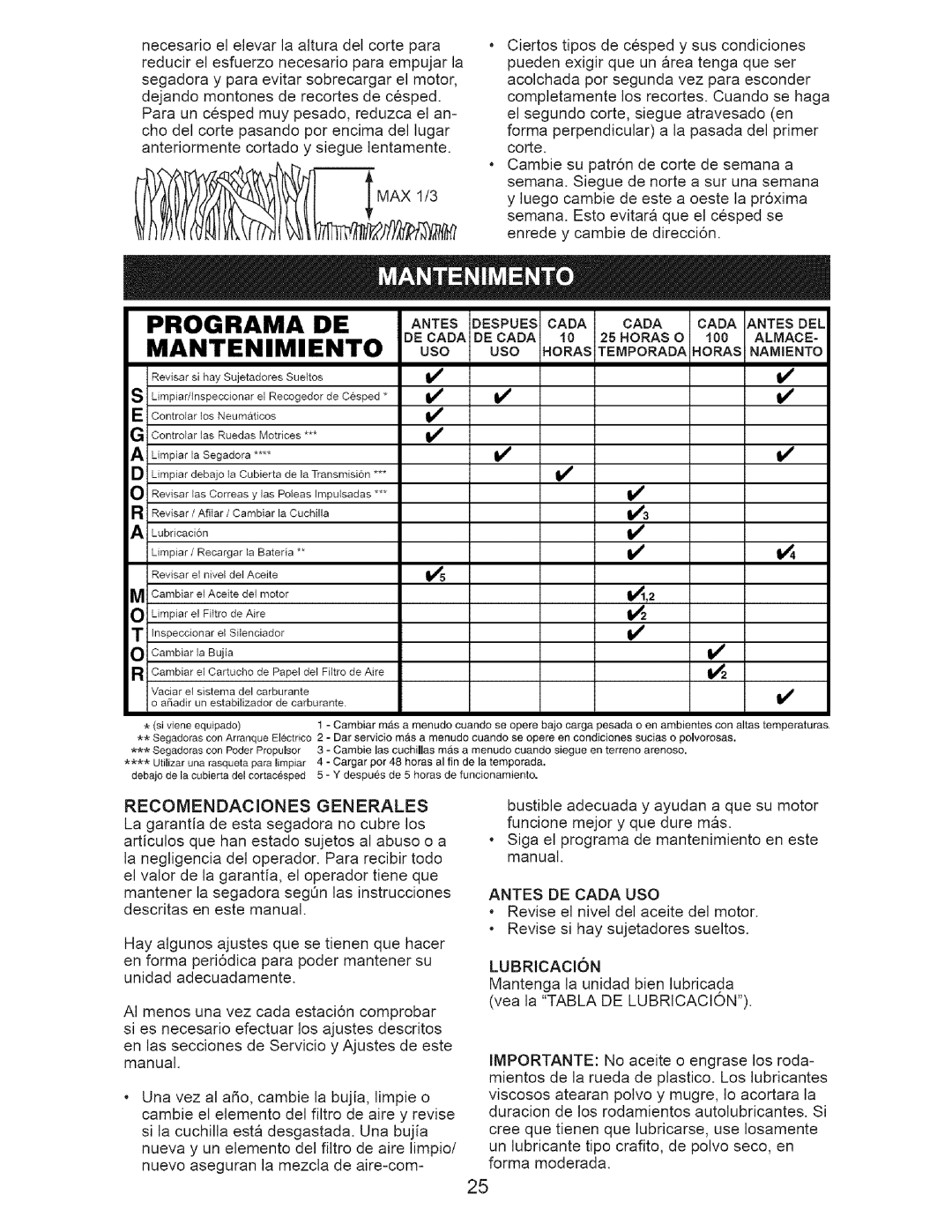 Craftsman 917.371342 owner manual Max, Antes DE Cada USO, Lubricacion 