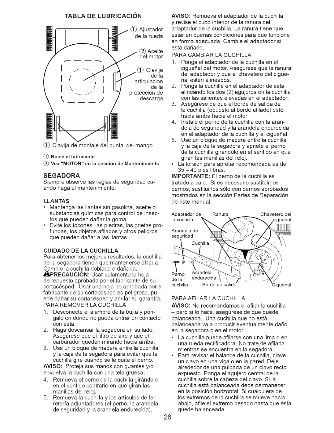 Craftsman 917.371342 owner manual Tabla, Lubricacion, Segadora, Llantas, Cuidado DE LA Cuchilla 