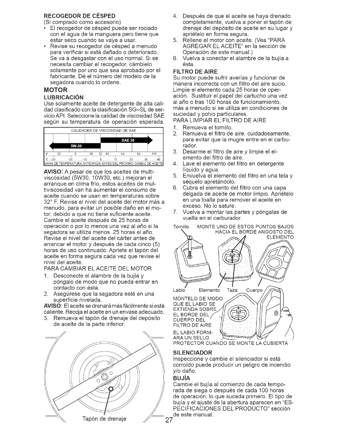 Craftsman 917.371342 owner manual Motor, Filtro DE Aire 