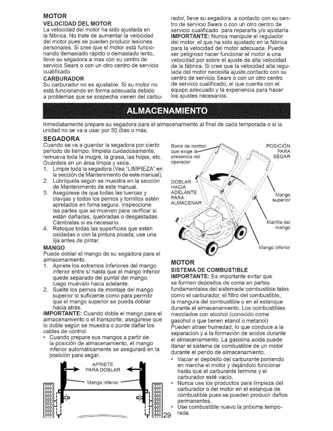 Craftsman 917.371342 owner manual Motor Velocidad DEL Motor, Adelante, Mango, Motor Sistema DE Combustible 