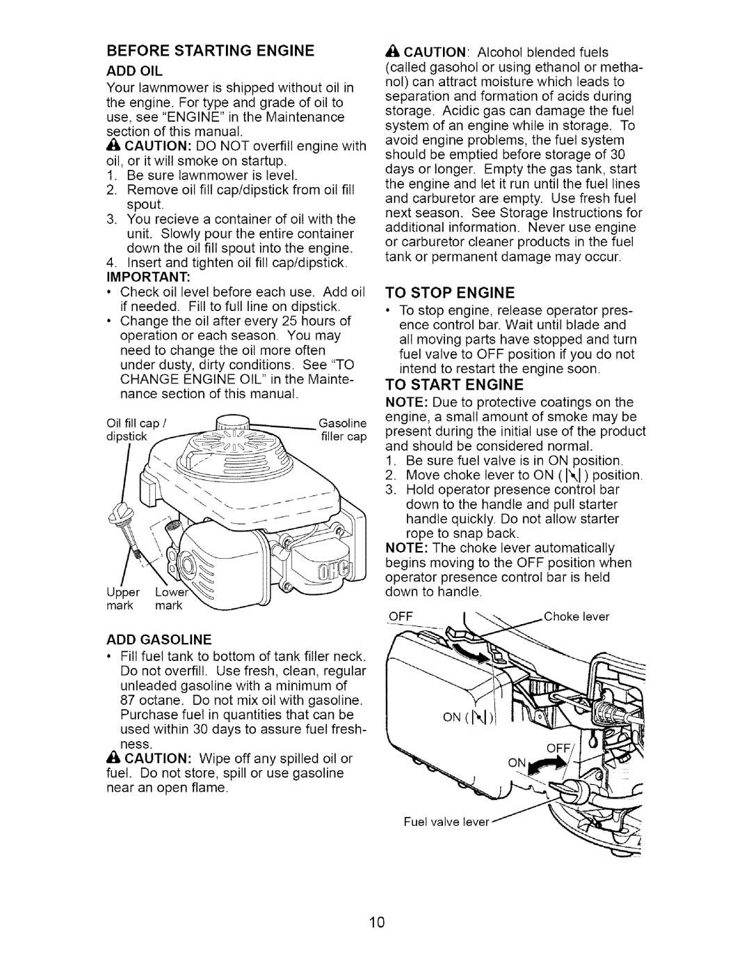 Craftsman 917.37172 owner manual Before Starting Engine, Add Oil, ADD Gasoline, To Stop Engine, To Start Engine 