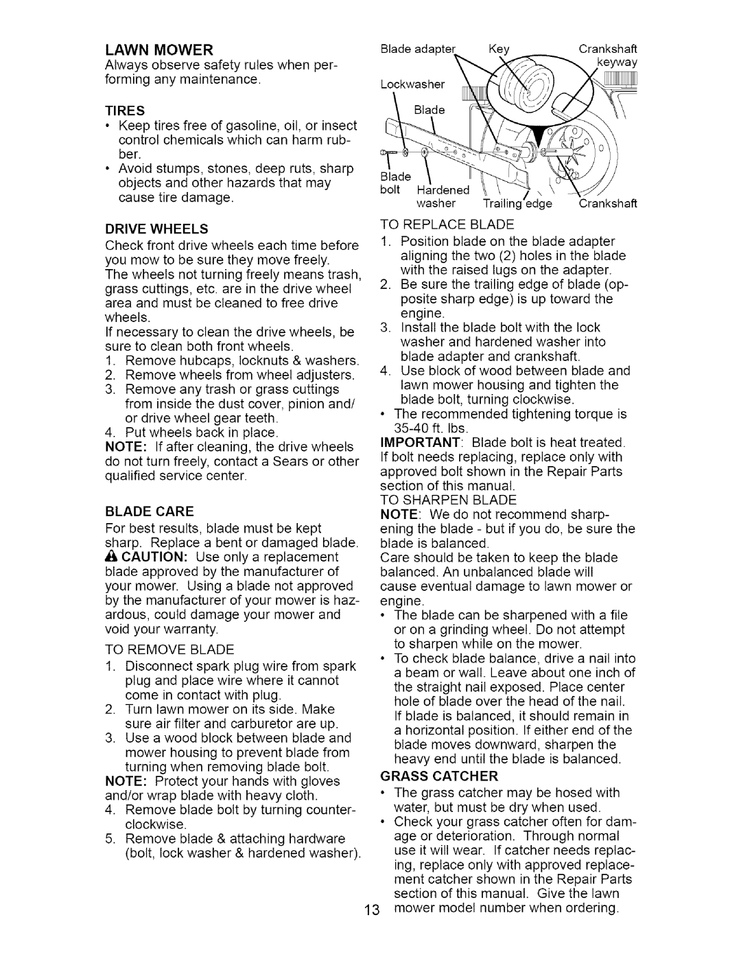 Craftsman 917.37172 owner manual Lawn Mower, Tires, Blade Care 