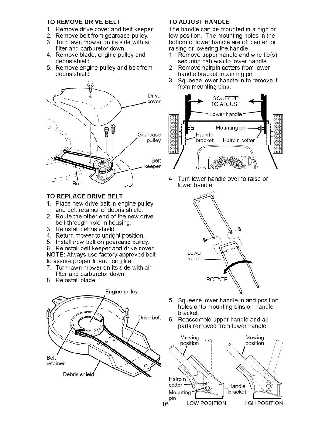 Craftsman 917.37172 owner manual To Remove Drive Belt, To Replace Drive Belt, To Adjust Handle, Squeeze To Adjust 