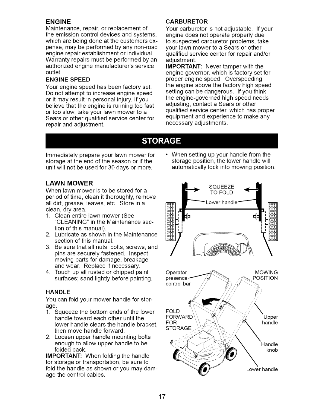 Craftsman 917.37172 owner manual Enginespeed, Carburetor, Lawn Mower 