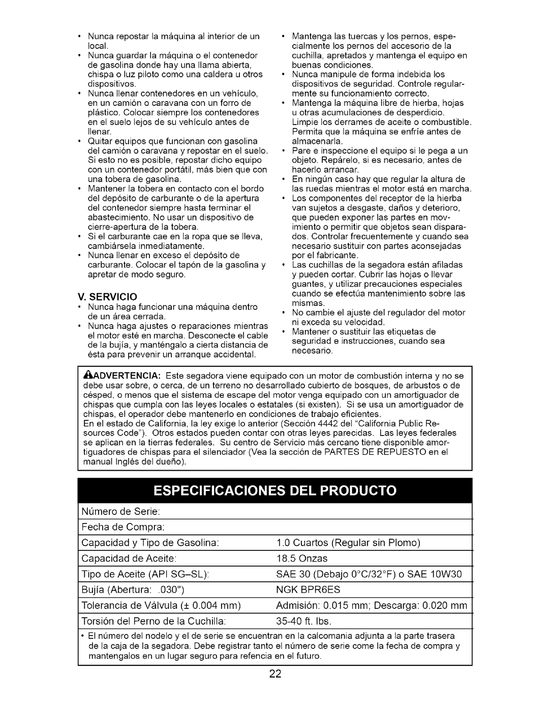 Craftsman 917.37172 owner manual Api Sg-Sl Sae, Ngk 