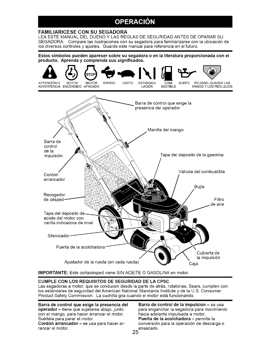 Craftsman 917.37172 owner manual Familiaricese CON SU Segadora, Cumple CON LOS Requisitos DE Seguridad DE LA Cpsc 