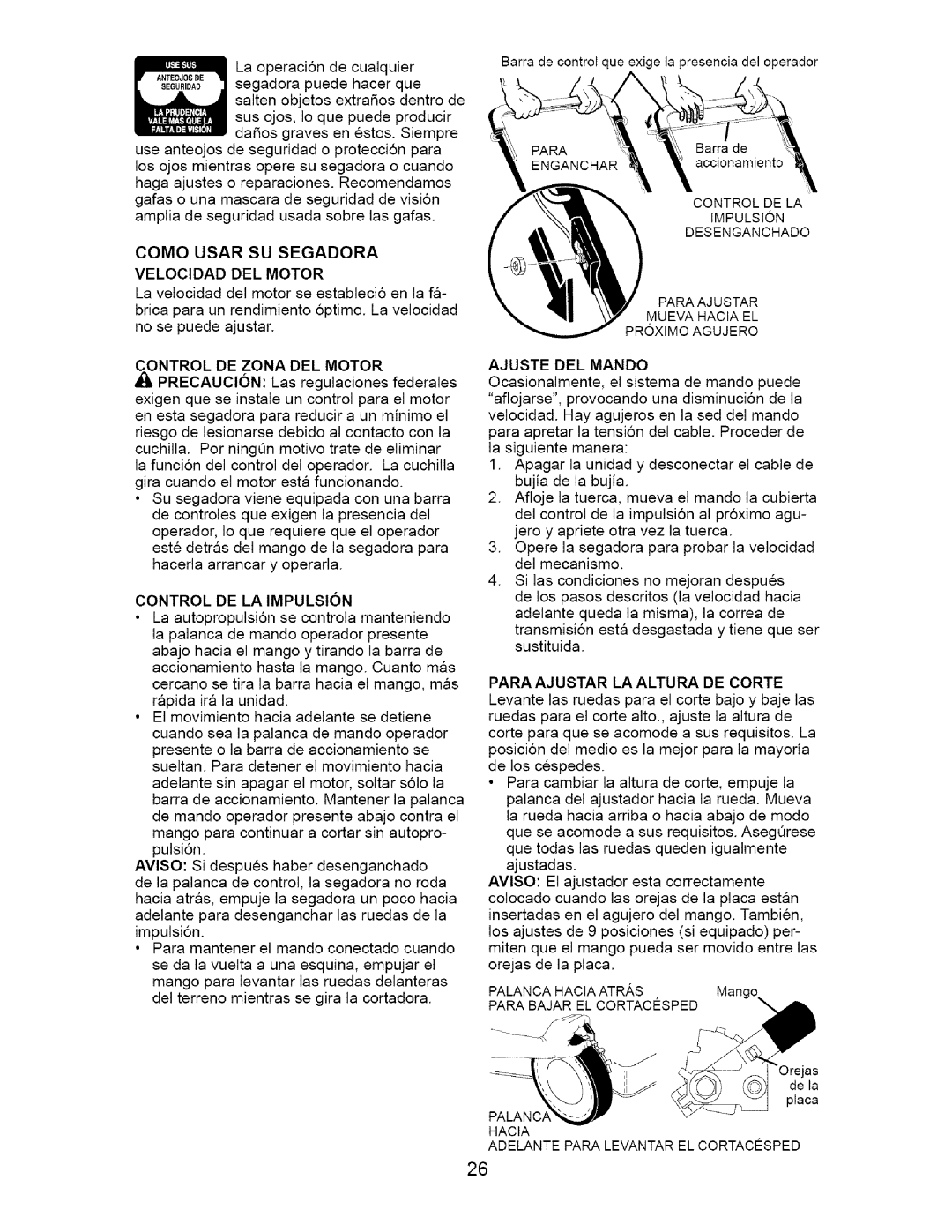 Craftsman 917.37172 owner manual Como Usar SU Segadora, Velocidad DEL Motor, Control DE LA Impulsion, Ajuste DEL Mando 