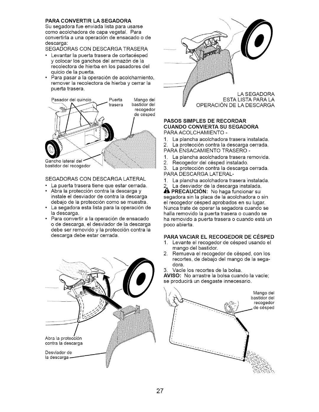 Craftsman 917.37172 owner manual Para Convertir LA Segadora, Segadoras CON Descarga Trasera, Segadoras CON Descarga Lateral 