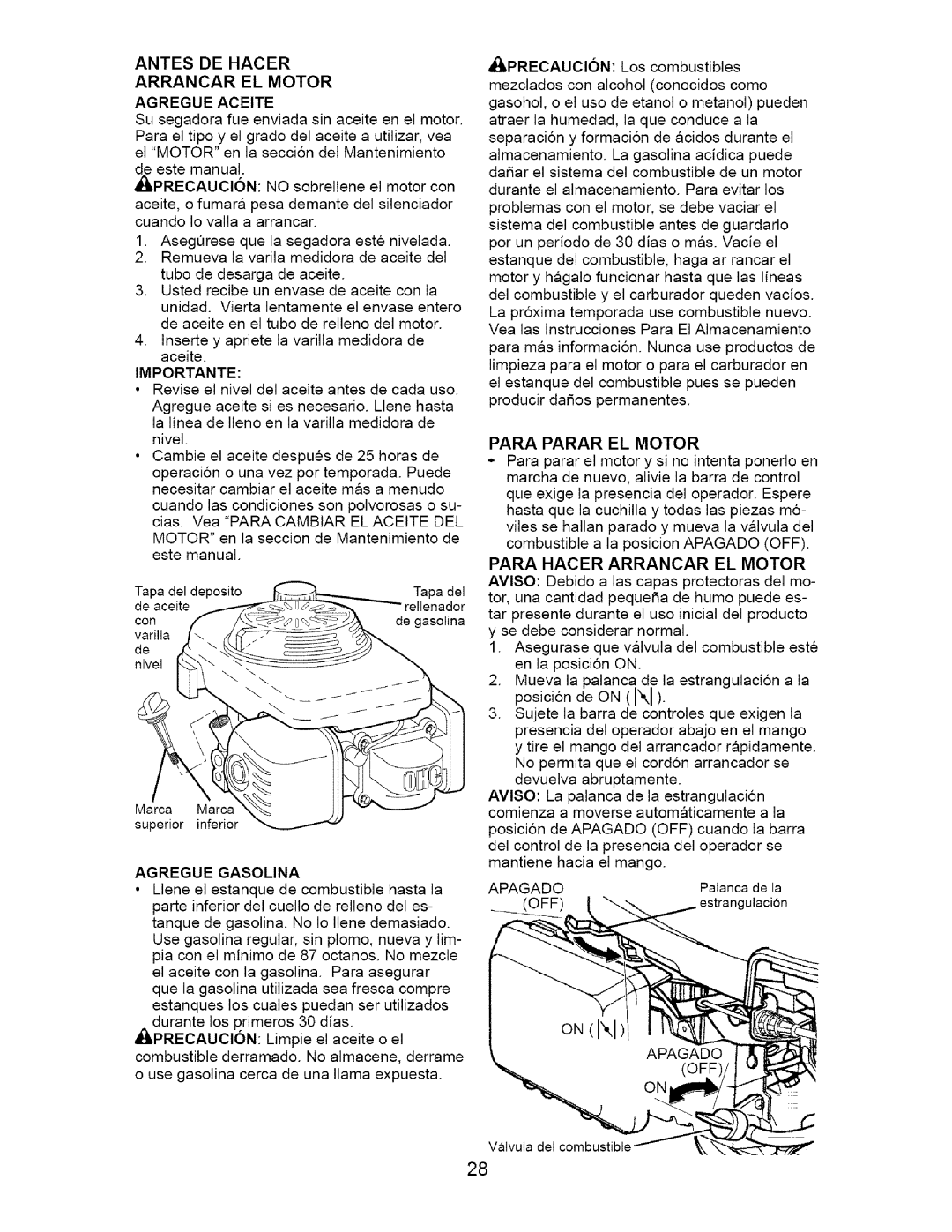 Craftsman 917.37172 Antes DE Hacer Arrancar EL Motor Agregue Aceite, Importante, Agregue Gasolina, Para Parar EL Motor 