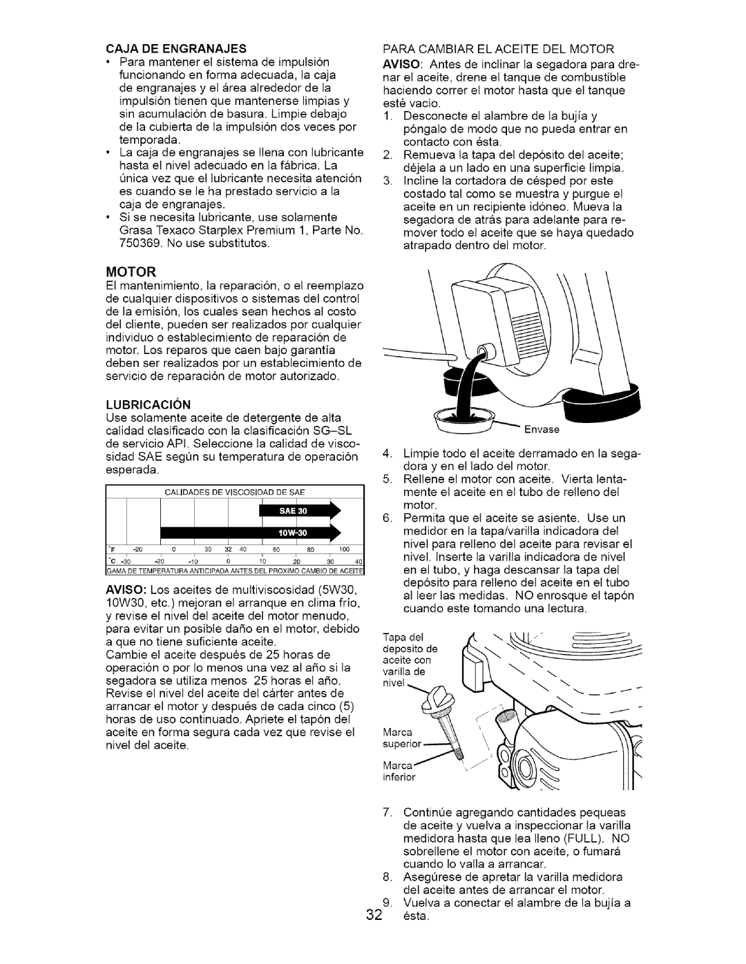 Craftsman 917.37172 owner manual Cajadeengranajes, Lubricacion, Para Cambiar EL Aceite DEL Motor 