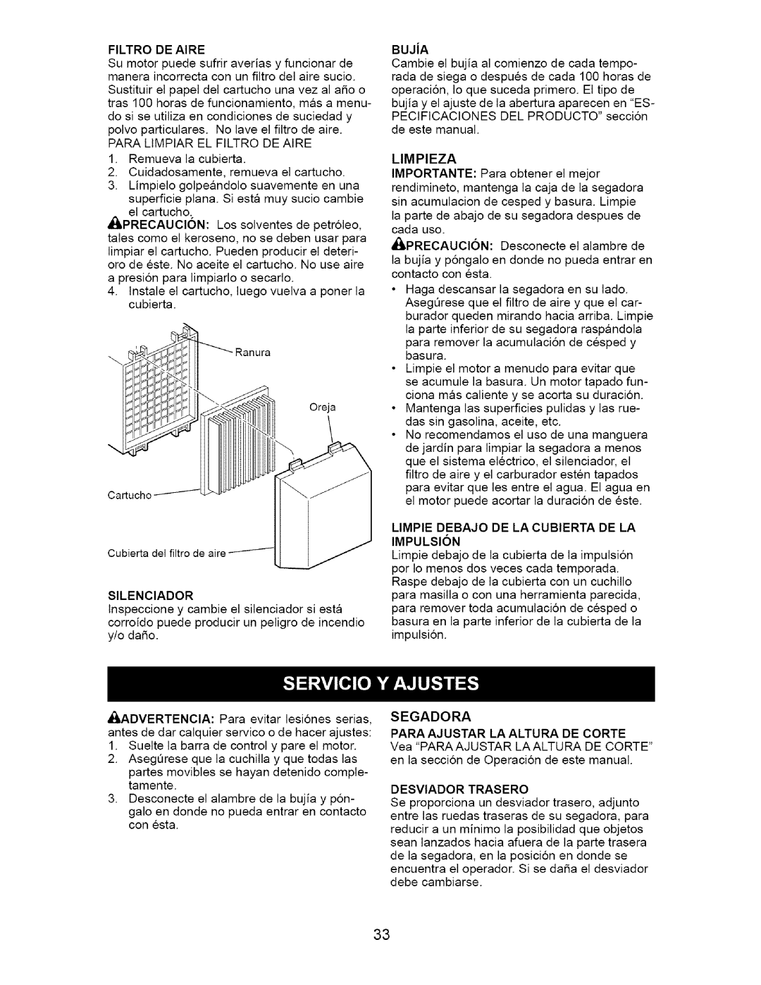 Craftsman 917.37172 owner manual Filtrodeaire, Bujja, Limpieza, Limpie Debajo DE LA Cubierta DE LA Impulsion 