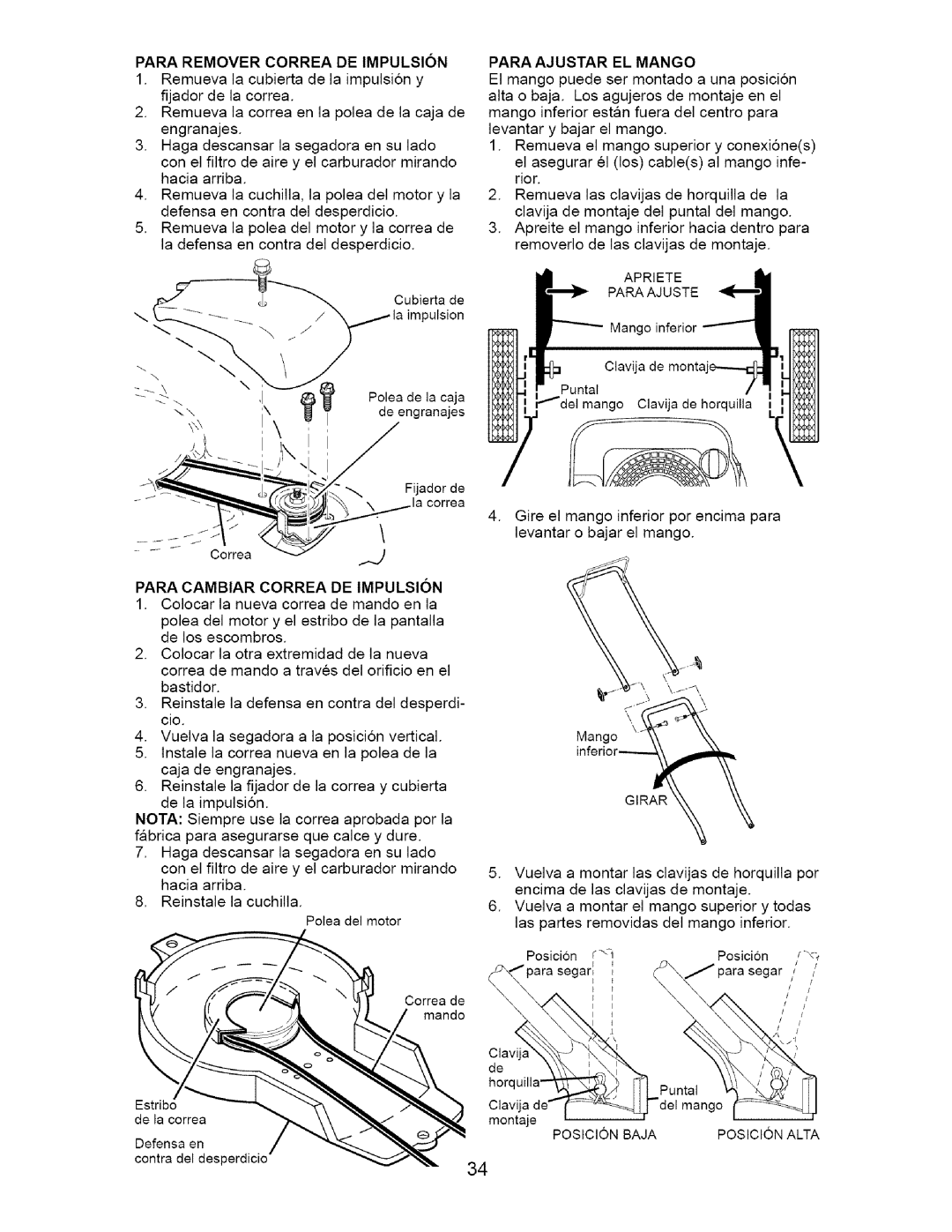 Craftsman 917.37172 owner manual Para Remover Correa DE Impulsion, Para Ajustar EL Mango, Para Cambiar Correa DE Impulsion 