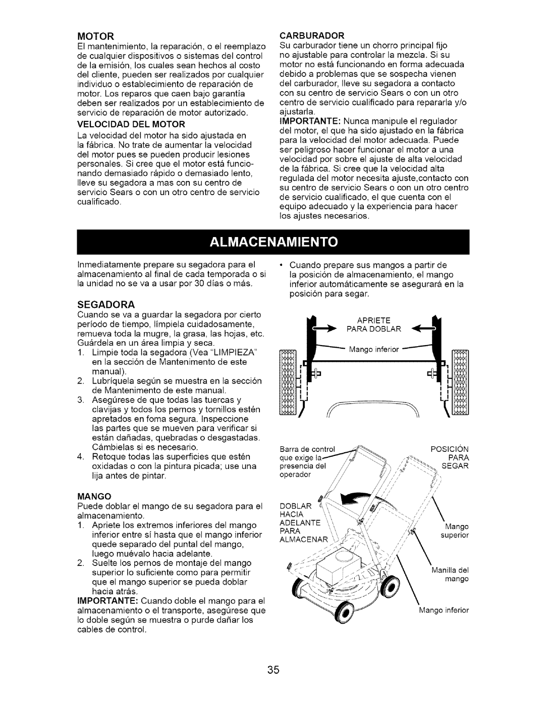 Craftsman 917.37172 owner manual Mango, Carburador 