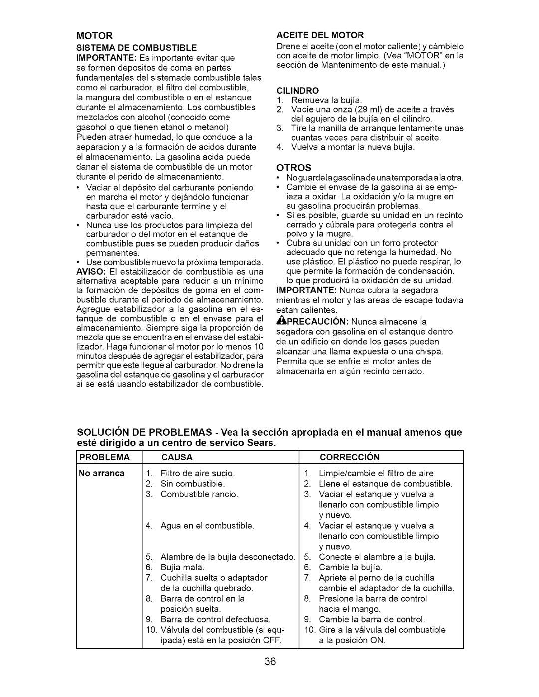 Craftsman 917.37172 owner manual Sistema DE Combustible, Aceite DEL Motor, Causa 