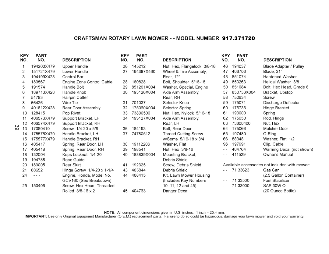 Craftsman 917.37172 owner manual Craftsman Rotary Lawn Mower - Model Number, Key, Part KEY Description 