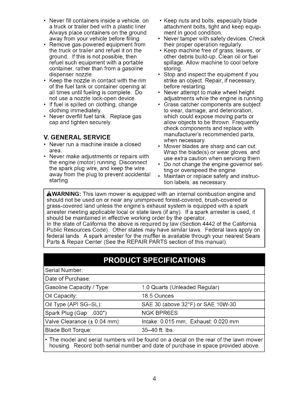 Craftsman 917.37172 owner manual General Service, Api Sg-Sl Sae, NGK BPR6ES 