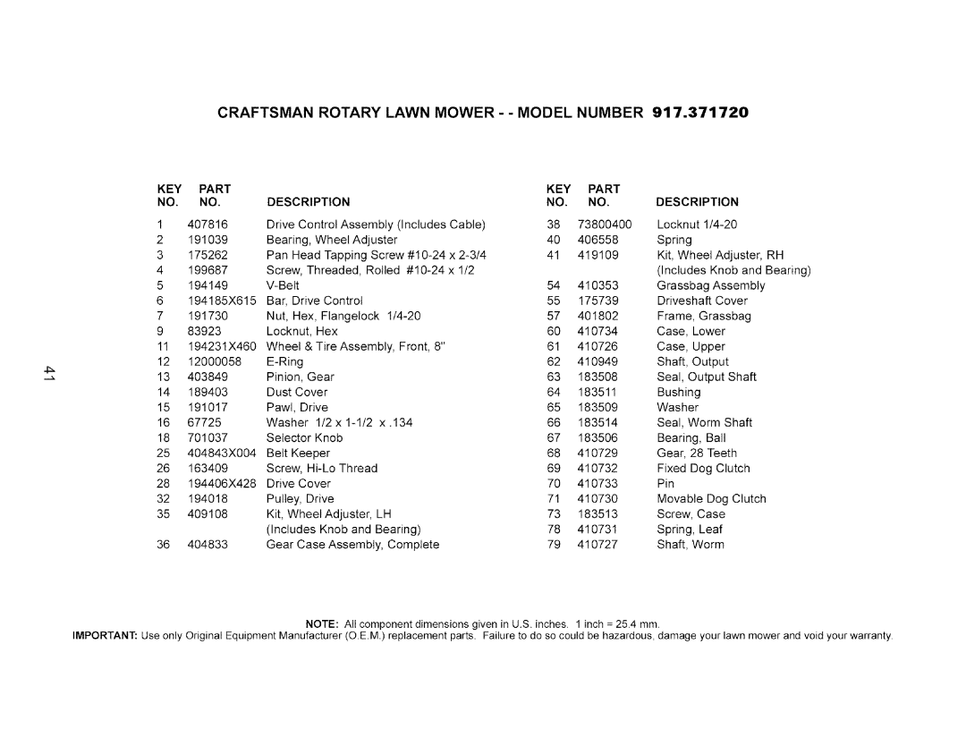 Craftsman 917.37172 owner manual KEY Part Description, 134 