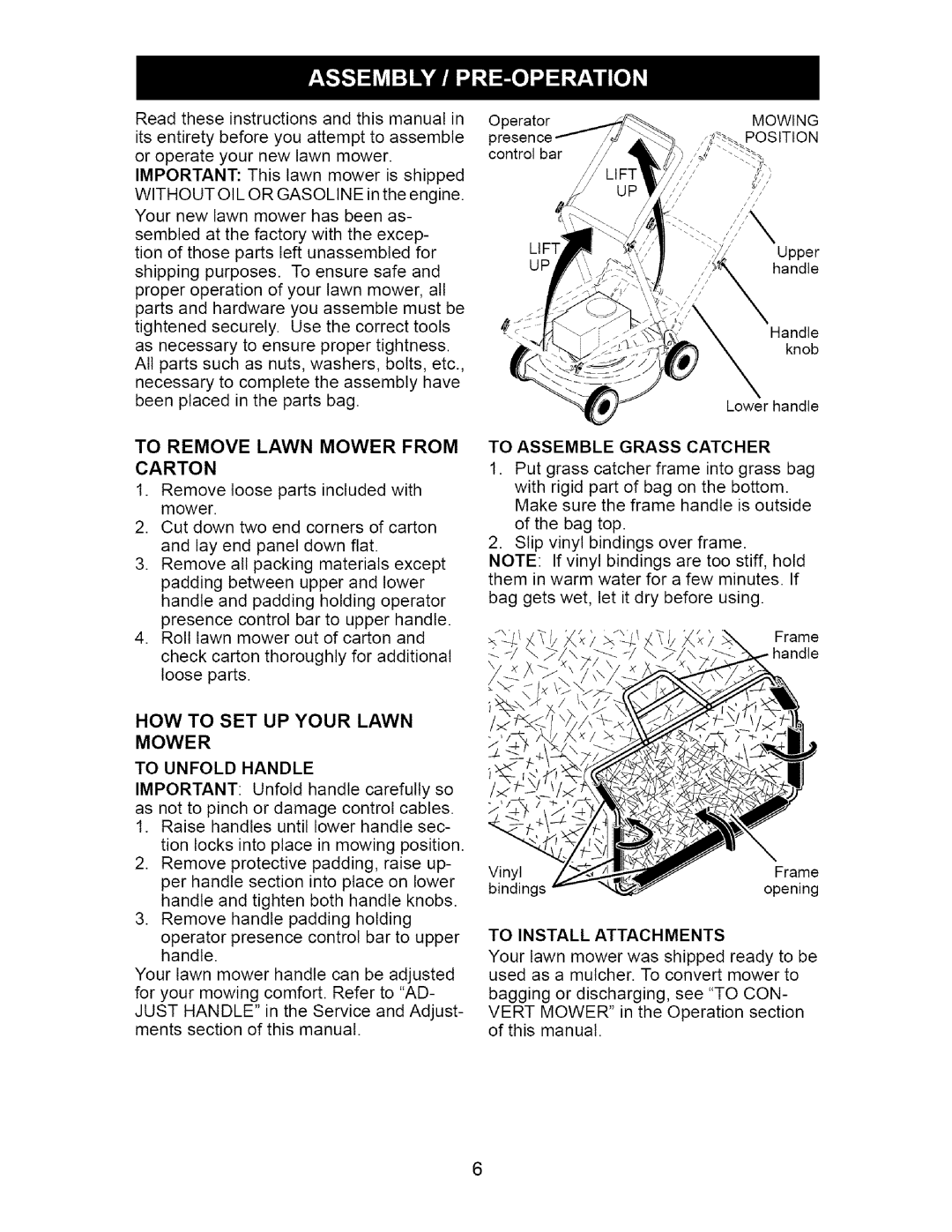 Craftsman 917.37172 owner manual To Remove Lawn Mower from Carton, To Install Attachments 