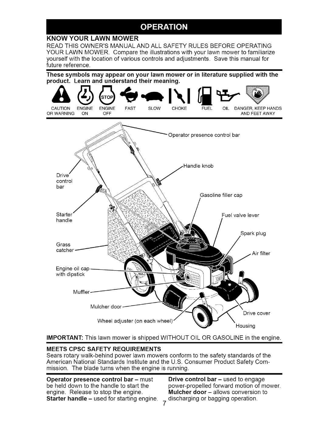 Craftsman 917.37172 owner manual Know Your Lawn Mower, Meets Cpsc Safety Requirements, Drive control bar used to engage 