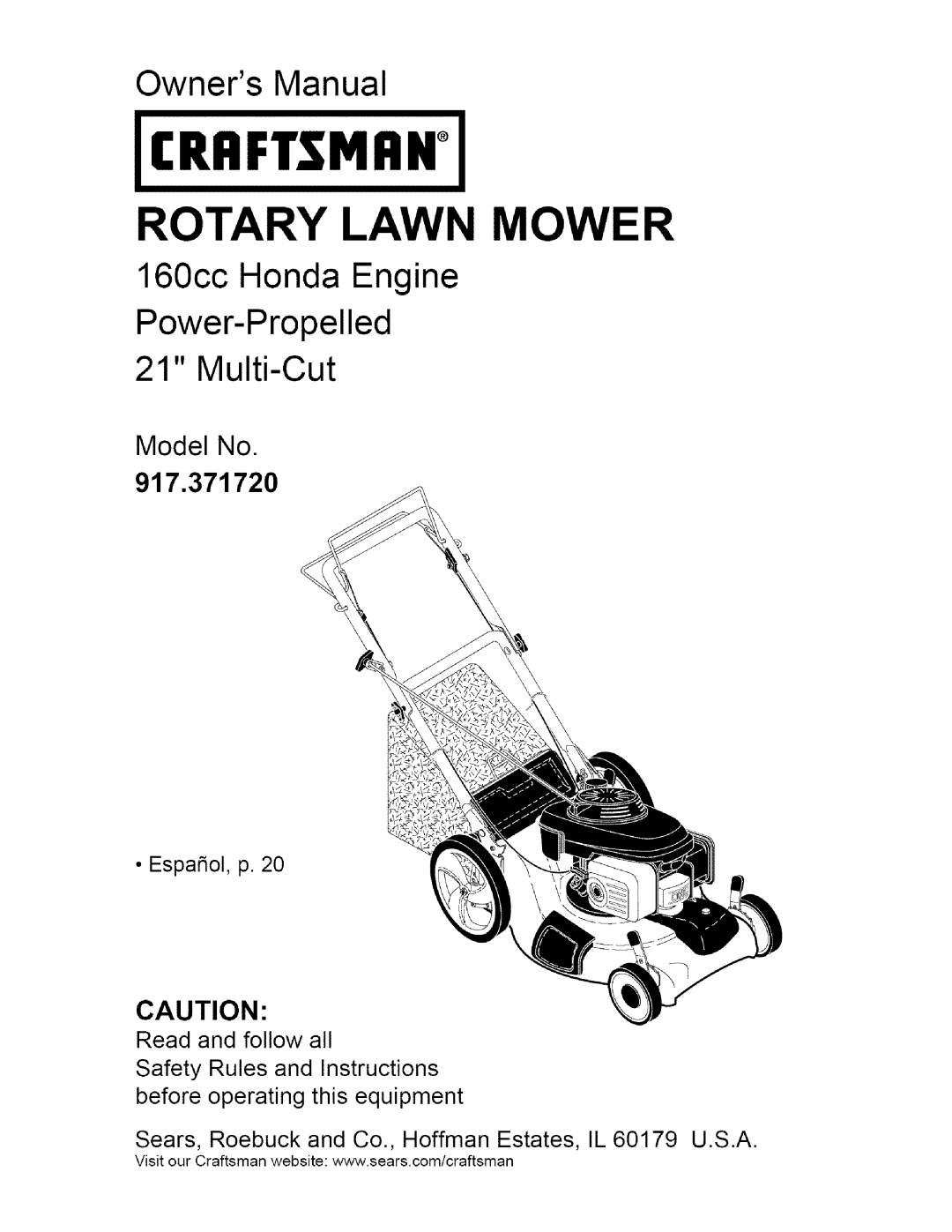 Craftsman 917.37172 owner manual Multi-Cut, Model No, Crrftsmiin, Rotary Lawn Mower, 160cc Honda Engine Power-Propelled 