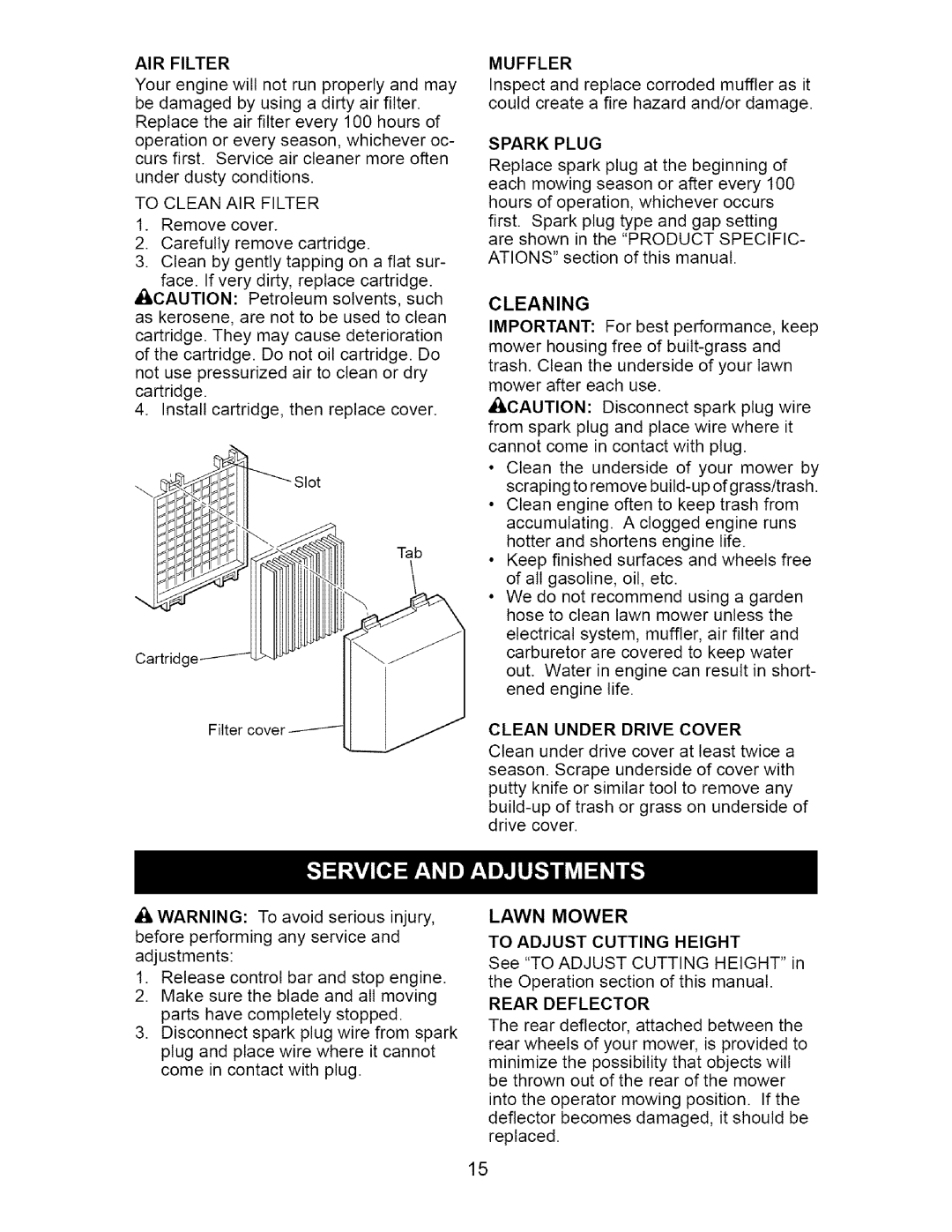 Craftsman 917.37172 owner manual Air Filter, Muffler, Spark Plug, Cleaning, Lawn Mower To Adjust Cutting Height 