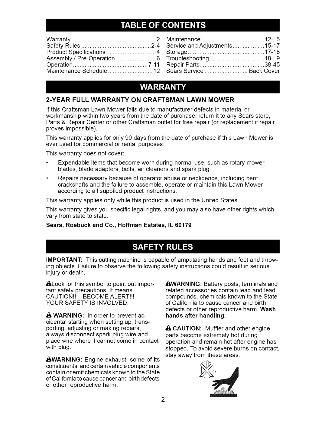 Craftsman 917.37172 owner manual Yearfull Warranty On Craftsman Lawn Mower, Sears, Roebuck and Co., Hoffman Estates, IL 