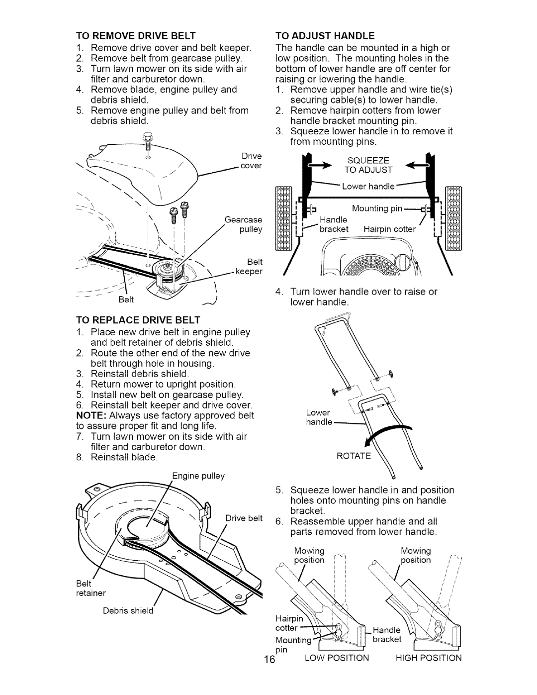 Craftsman 917.371721 owner manual To Remove Drive Belt, To Replace Drive Belt, To Adjust Handle, Squeeze To Adjust 