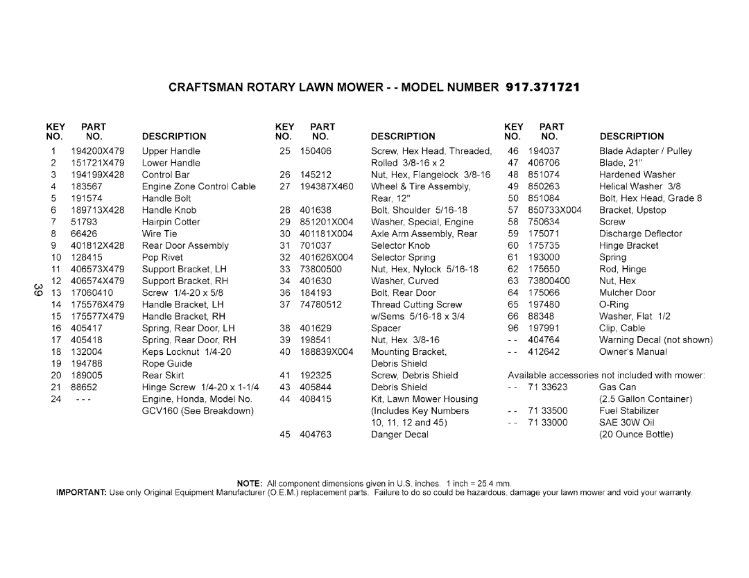 Craftsman 917.371721 owner manual Craftsman Rotary Lawn Mower - Model Number, Key, Part KEY Description 