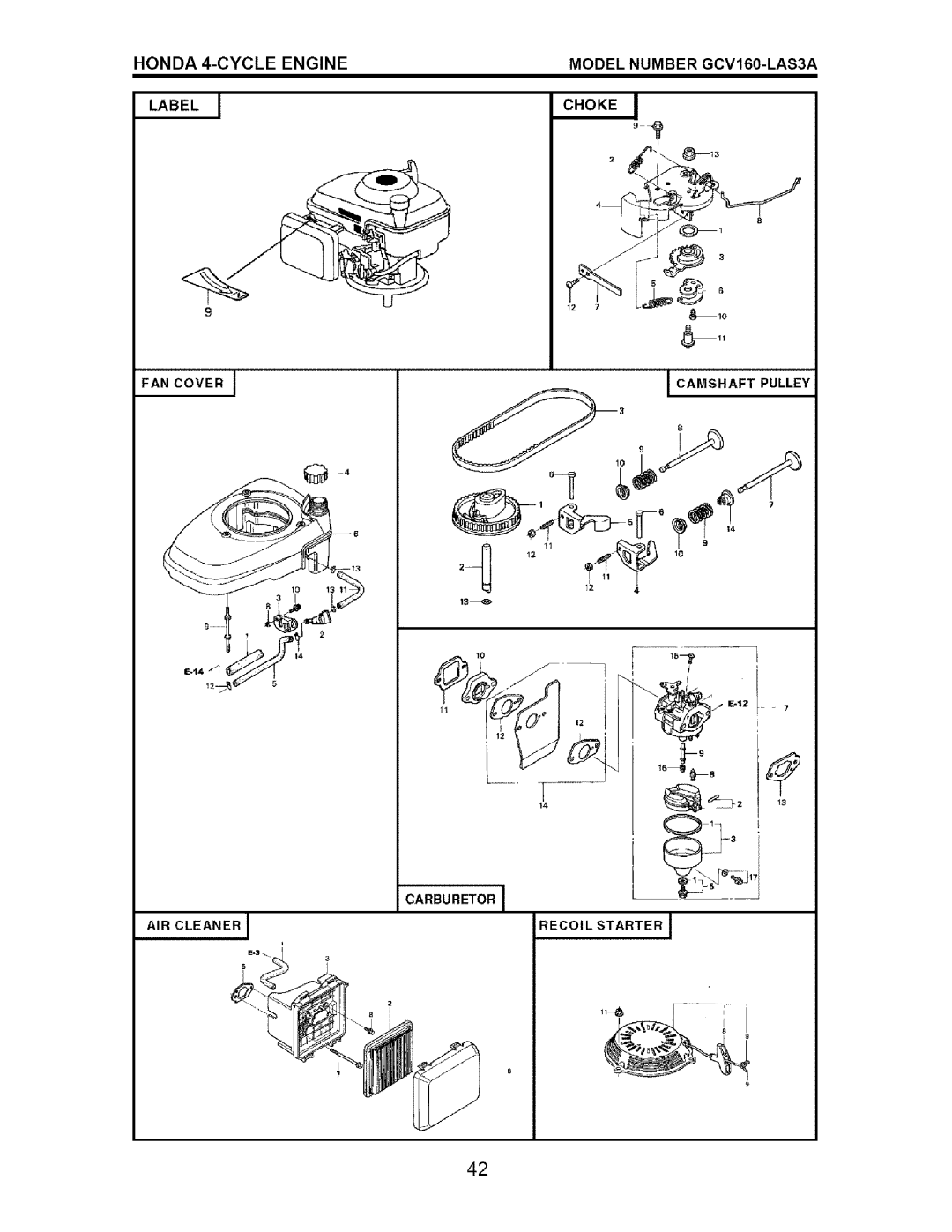 Craftsman 917.371721 HONDA 4-CYCLE ENGINE LABEL, MODEL NUMBER GCV160-LAS3A, Fan Cover, I Camshaft Pulley, Carburetor 