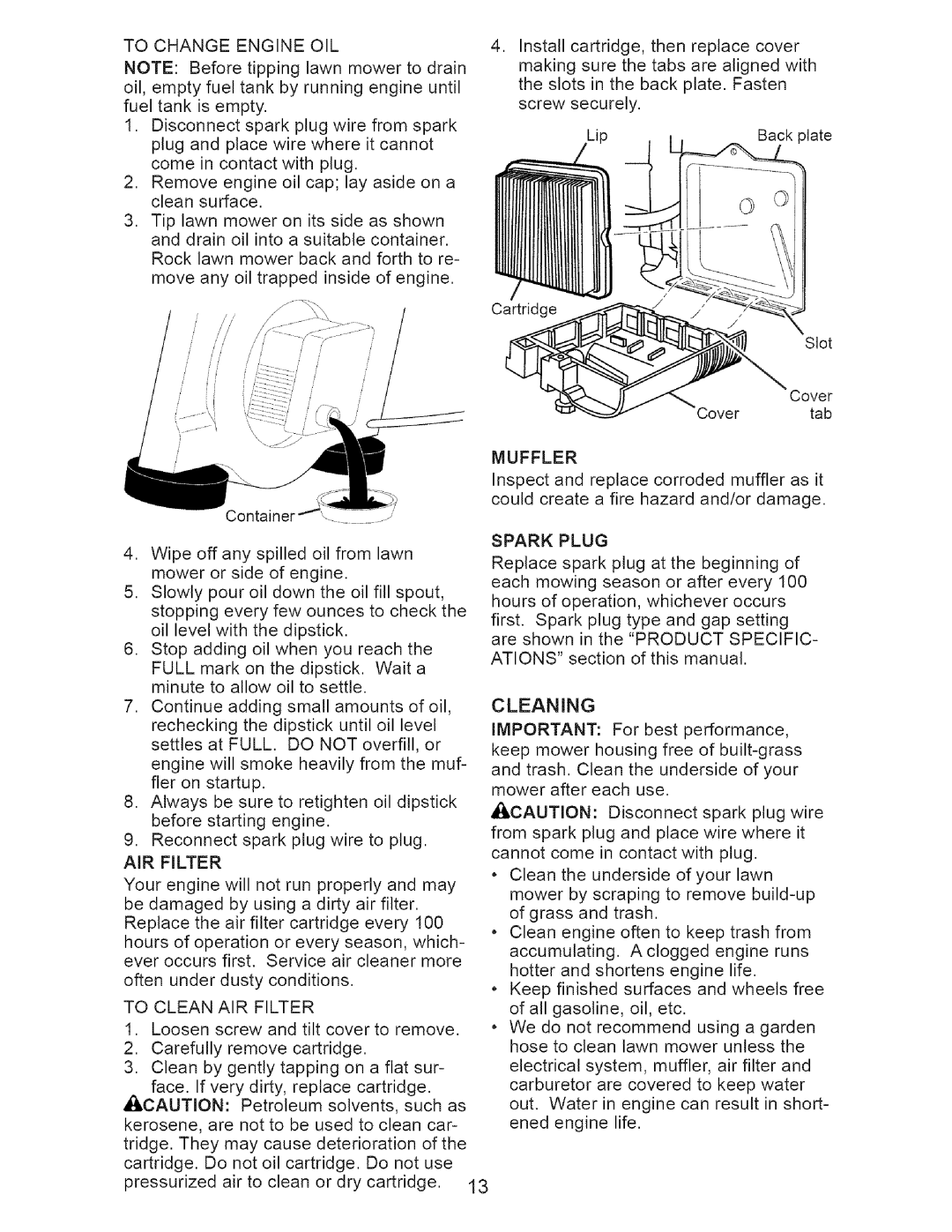 Craftsman 917.37177 manual Cleaning, To Clean AIR Filter, Muffler, Spark Plug 